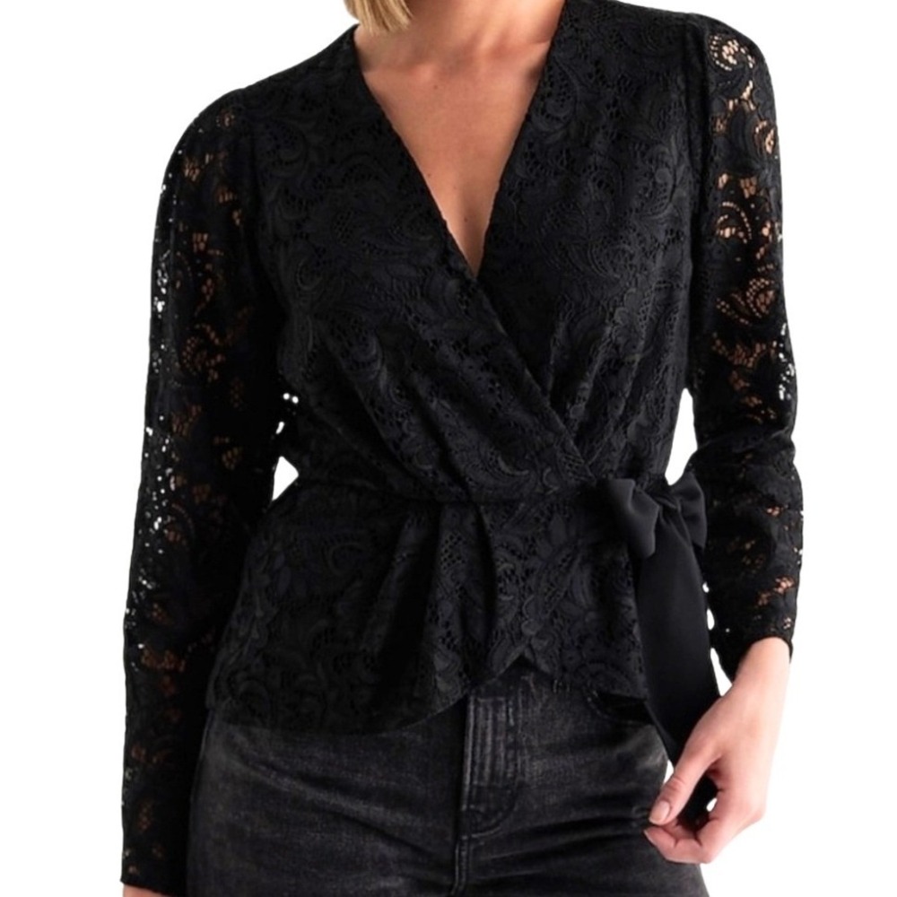 Express NWT Black Lace Wrap Peplum Top Long Sleeve Tie Waist Women's Size L